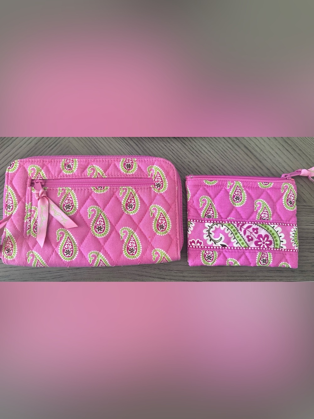 Vera Bradley Pink Paisley Quilted Wallet and Card Case Set